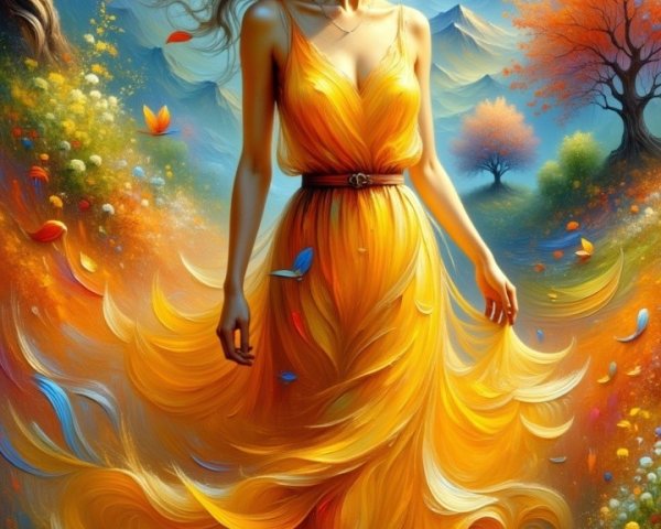 Ethereal Scene of Woman in Yellow Dress in Autumn