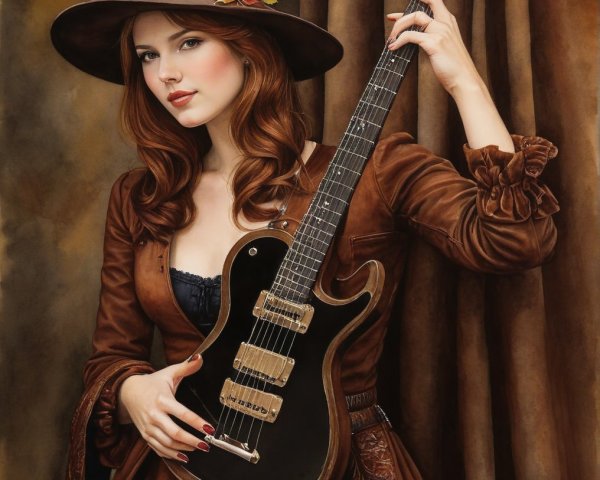 Woman with Red Hair in Vintage Dress and Guitar