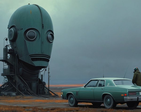 Retro Car Beside Humanoid Robot Structure in Desolation
