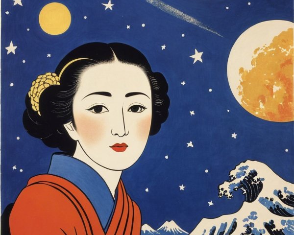 Serene Woman in Traditional Attire Against Cosmic Background