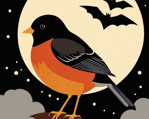 Bird with Black Head and Orange Breast Under Moonlight