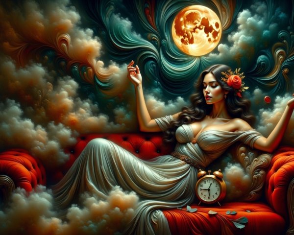 Serene Woman in Gown on Red Couch with Moonlight