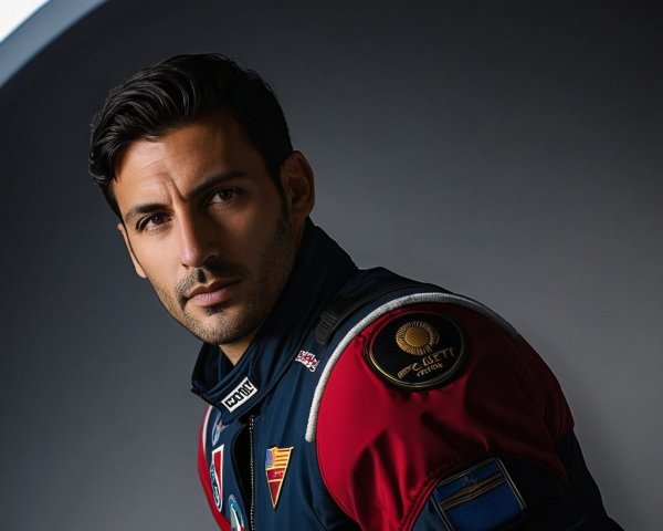 Astronaut in Dark Blue Flight Suit with Colorful Patches