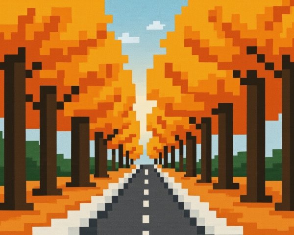 Pixel Art Scene of Autumn Road with Orange Trees