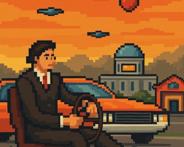 Pixel Art Scene of a Man, Car, and Sunset Background