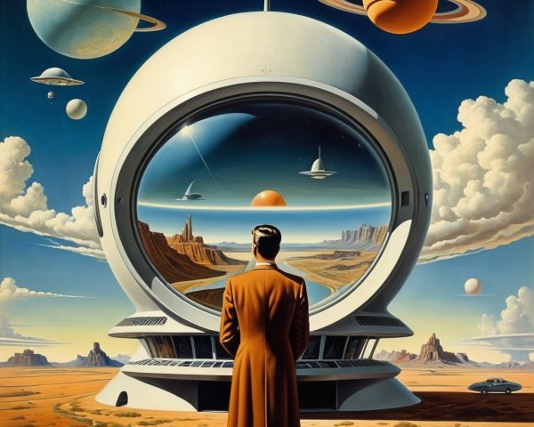 Futuristic Landscape with Dome and Retro Car