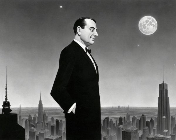 Elegant Tuxedo Figure Against Dramatic Skyline Night