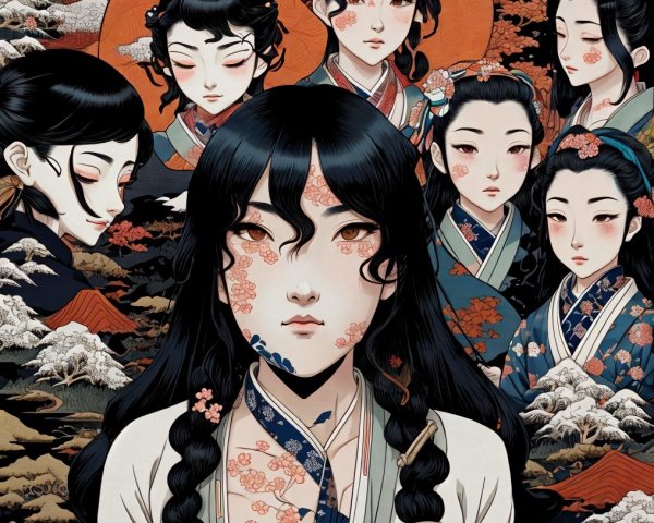 Stylized Portrait of Women in Traditional Attire