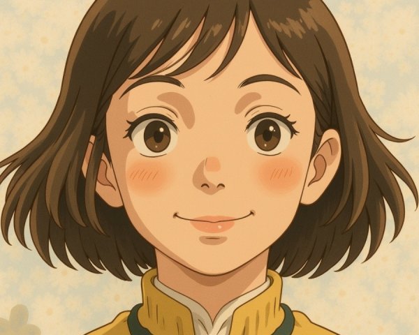Cheerful anime girl in yellow outfit with pastel background