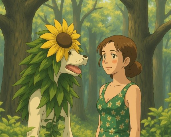 Girl in Floral Dress with Whimsical Dog in Forest