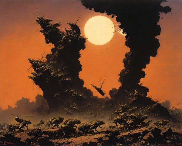 Surreal Landscape with Insect-like Creatures and Sun