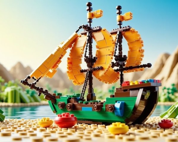 Vibrant LEGO Ship with Orange Sails in Tranquil Scene