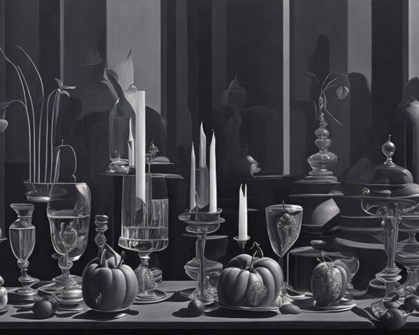 Monochromatic Still Life with Glassware and Nature Elements