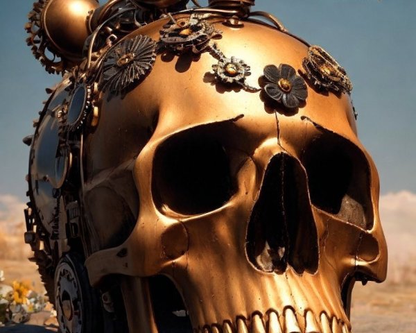 Golden steampunk skull with moth against blue sky