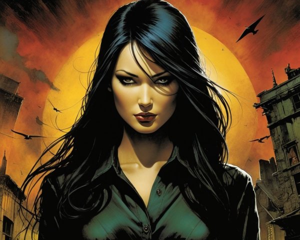 Mysterious Woman in Comic Book Illustration at Sunset