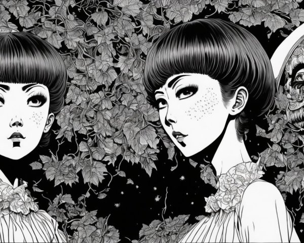 Stylized ethereal figures with floral embellishments