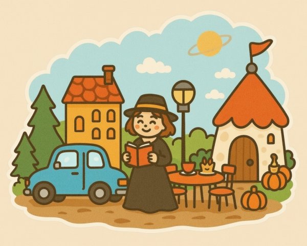 Whimsical Illustration of a Woman Reading by Cottages