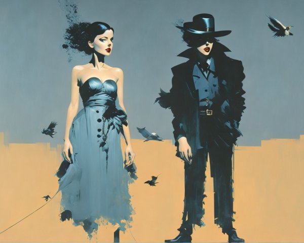 Modern Art Piece with Woman in Blue Dress and Man