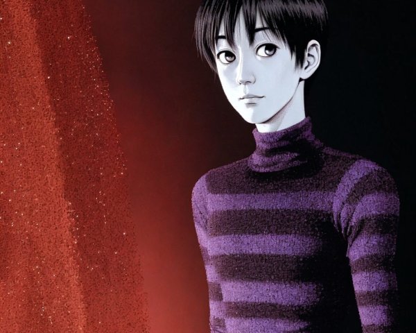 Young Person in Purple and Black Striped Turtleneck