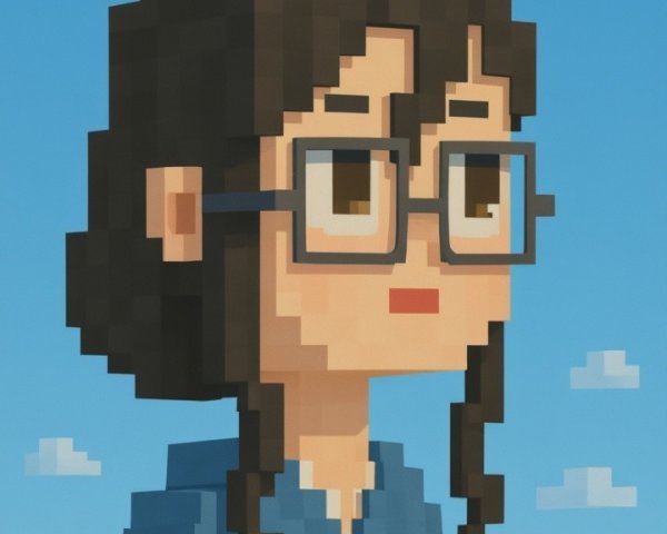 Pixelated character in blue sky with ocean backdrop