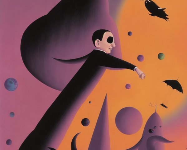 Surreal Landscape with Abstract Forms and Whimsical Characters