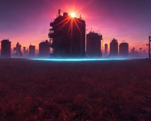 Surreal Landscape with Industrial Structures at Sunset