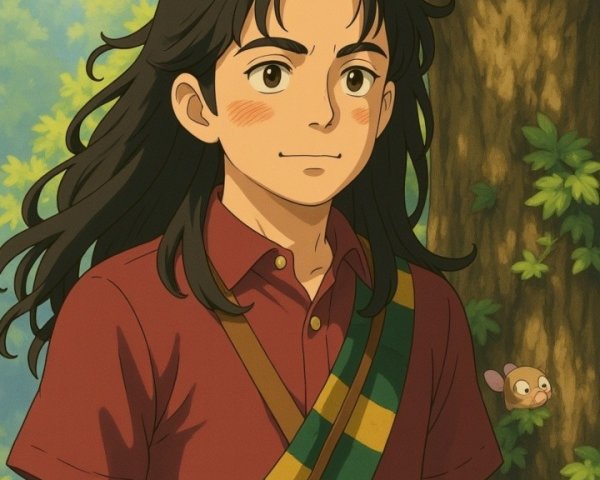 Young person in forest with vibrant greenery and animals