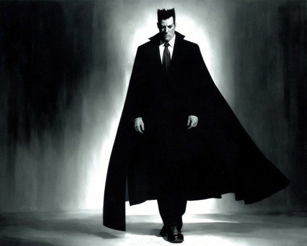 Solitary Figure in Dramatic Pose with Cape and Shadows