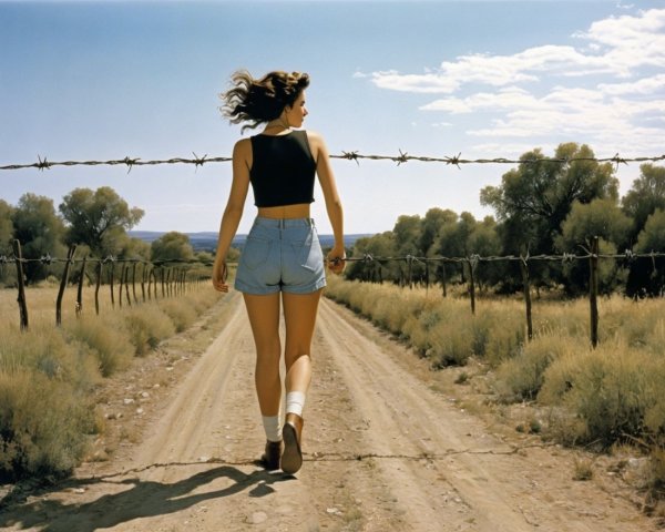 Young woman walking on a dirt road with barbed wire