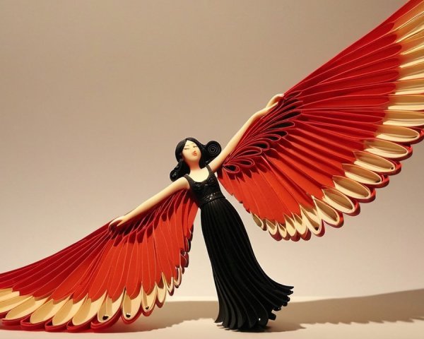 Woman with Flowing Hair and Vibrant Paper Wings