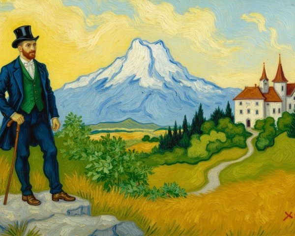 Gentleman in Top Hat Overlooks Castle and Mountainscape