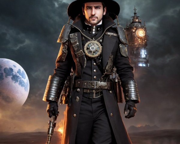 Steampunk Character in Twilight Landscape with Moons