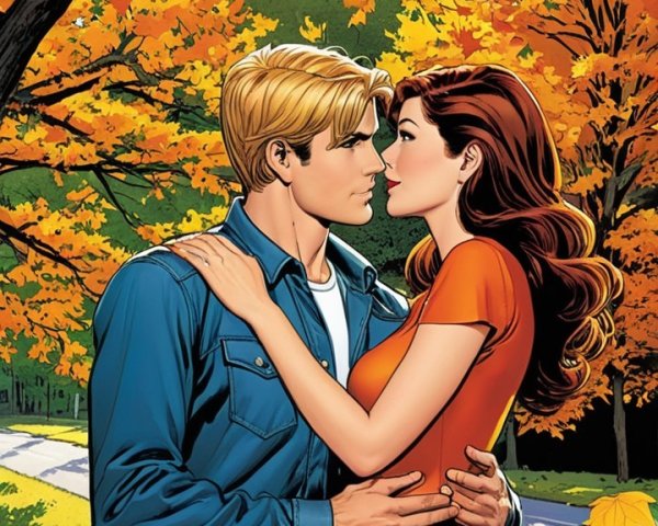 Couple Embracing Under Colorful Autumn Leaves