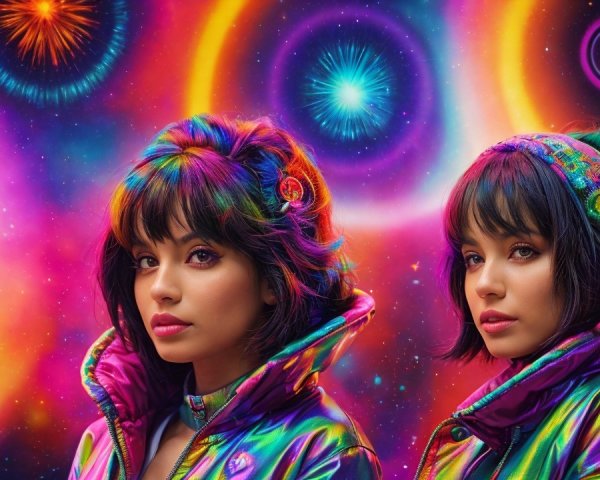 Stylish Individuals in Iridescent Jackets Against Cosmic Background