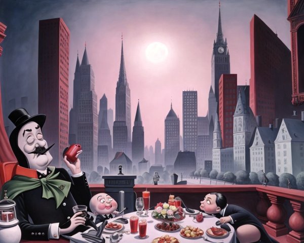 Whimsical Dining Scene with City Skyline Backdrop
