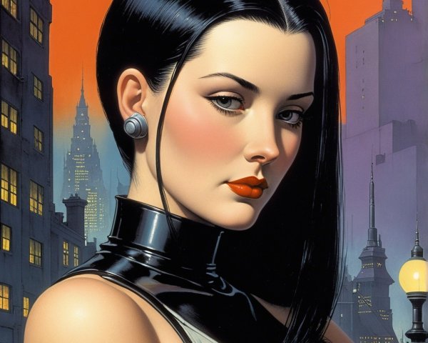 Woman with Black Hair Against Urban Skyline at Twilight