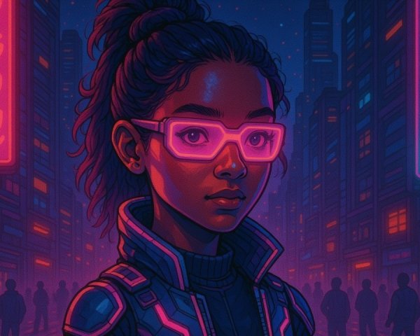 Young woman in neon glasses in cyberpunk cityscape