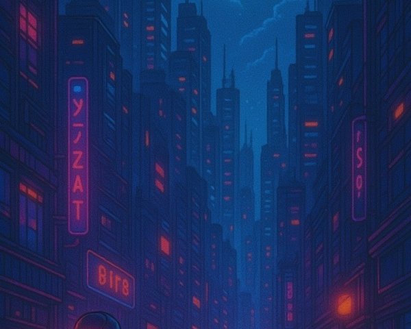 Futuristic cityscape with neon hues and solitude