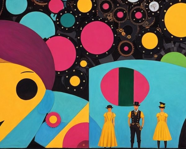 Vibrant Scene with Characters and Oversized Gears