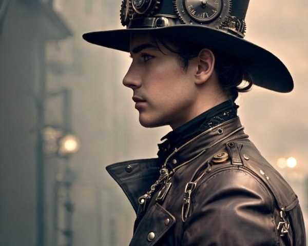 Steampunk-Inspired Outfit with Leather Jacket and Hat