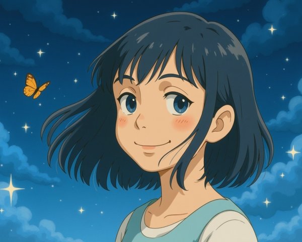 Young girl smiling in a dreamy night sky scene