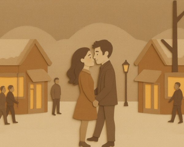 Winter Scene of a Couple Embracing in Snowy Setting