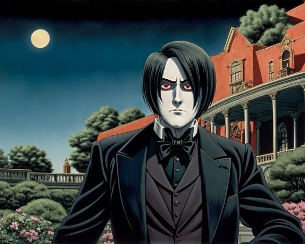 Tall figure in tuxedo with red eyes by mansion