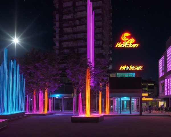 Vibrant Urban Plaza at Night with Colorful Lights