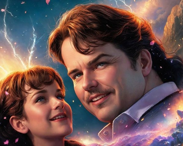 Illustration of a couple with vibrant, dramatic background