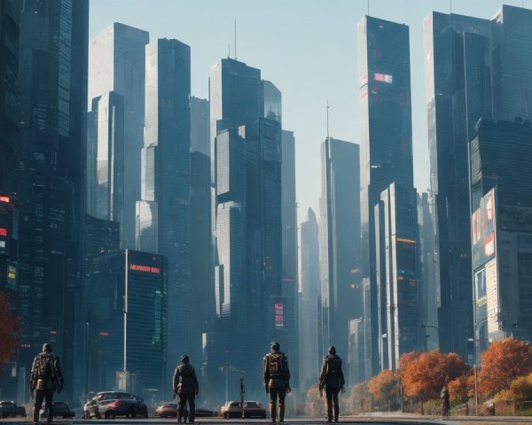 Futuristic cityscape with skyscrapers and autumn trees