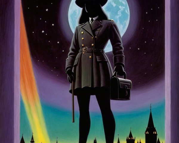 Mysterious Figure in Military Coat Against Night Sky