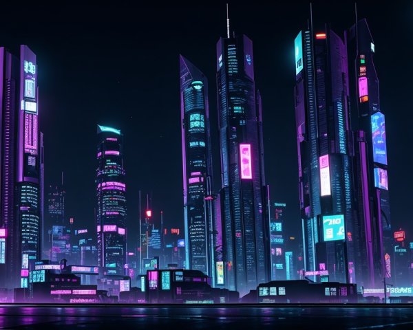Futuristic Night Cityscape with Neon Lights and Mist