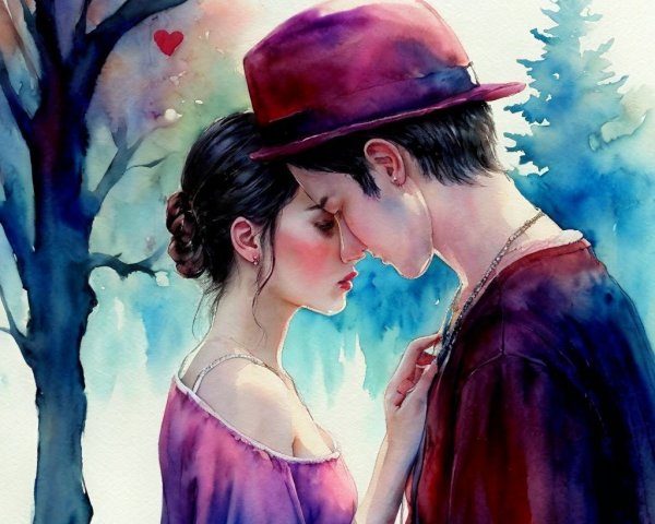 Watercolor Painting of a Romantic Couple Embracing