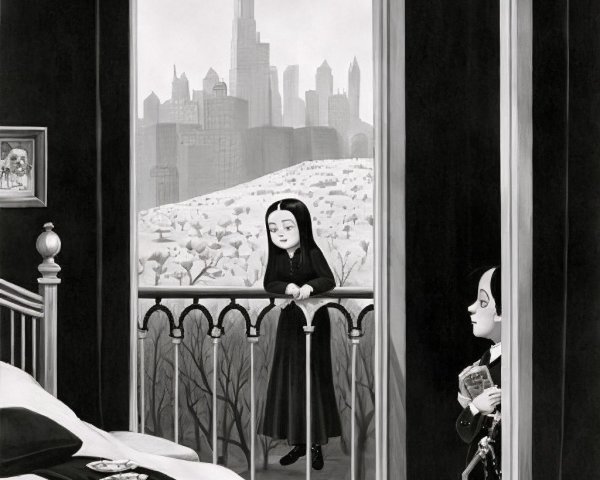 Black and white painting of a girl on a balcony